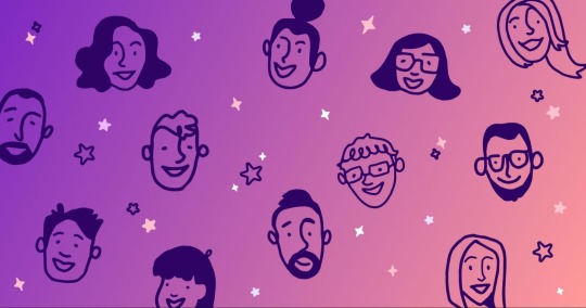 Illustrations of human faces on purple and pink background.