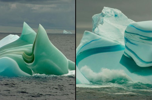 opticallyaroused:Striped IcebergsIcebergs sometimes have stripes, formed by layers of ice deposited 