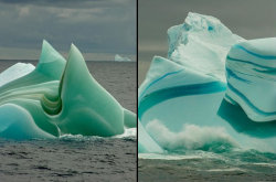 Jade and striped icebergs. “When seawater at depths of more than 1,200 feet freezes to the underside of massive ice shelves like East Antarctica’s Amery Ice Shelf, it forms ‘marine ice.’ Enormous hunks of ice calve—or break off—from the ice