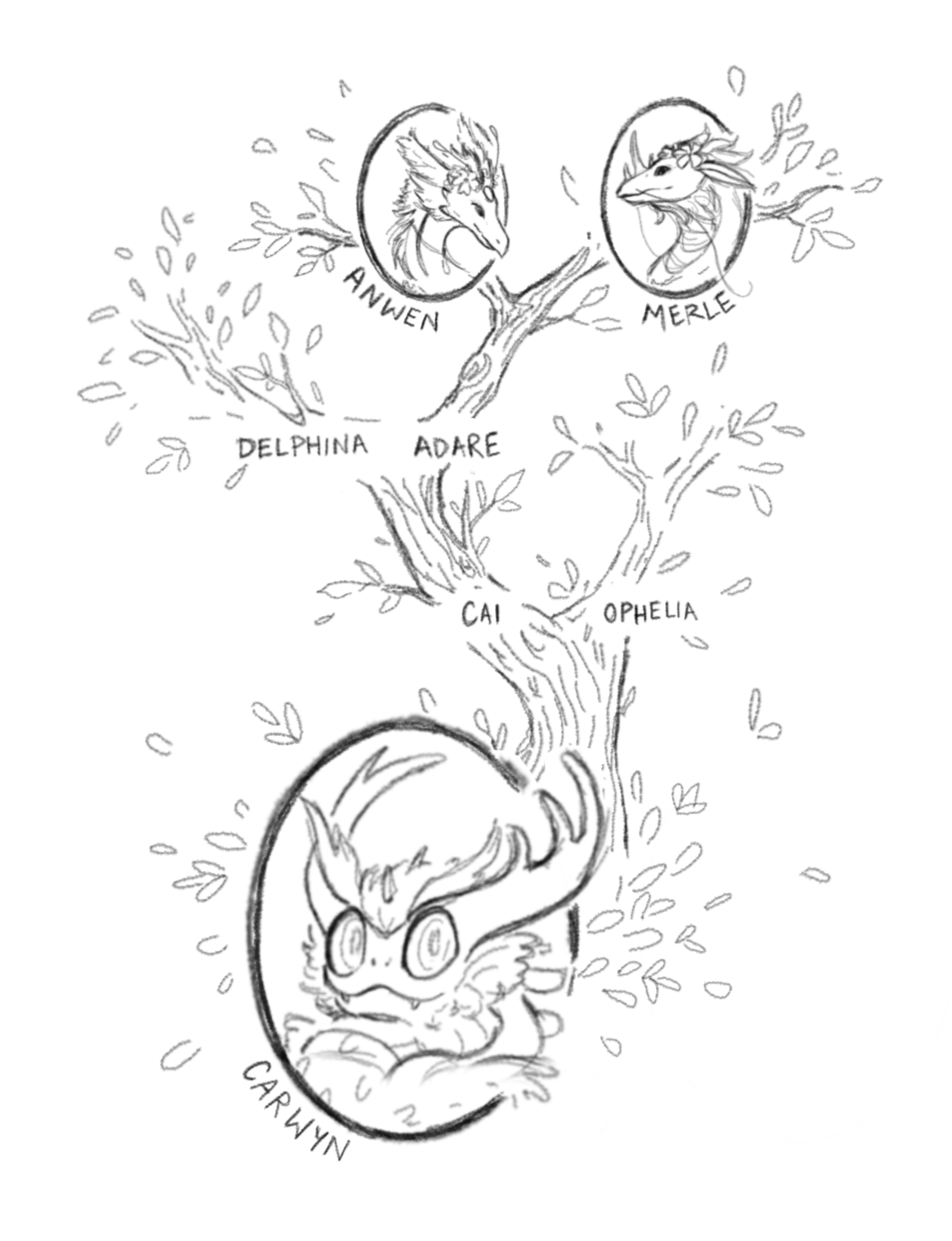 A pencil sketch family tree showing four generations. The tree starts with Anwen and Merle, their child Adare and mate Delphina, grandchild Cai and mate Ophelia, and finally great-grandchild Carwyn.