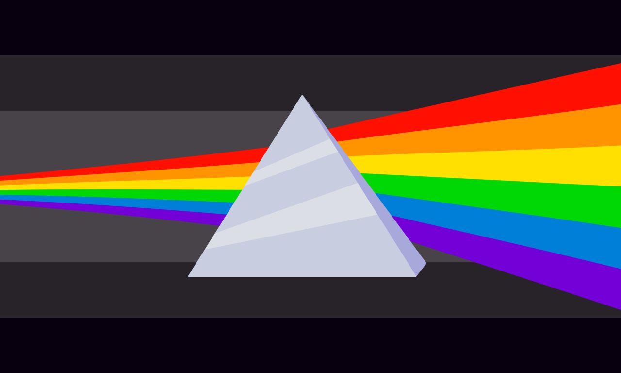 Flag ID: A flag with 5 horizontal stripes. They are gray-black, dark gray, gray, dark gray, and gray-black. The middle gray stripe is twice as thick as the others. In the middle of the gray stripe is a small rainbow flag that gets bigger as it goes to the right. The rainbow passes through a light gray triangle to represent refraction. End ID.