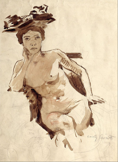 lovis-corinth:Female Semi-Nude with Hat, 1910, Lovis Corinth