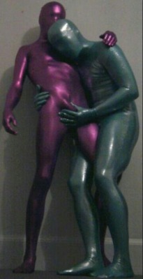 lycraluke-blog-blog:  Metallic green zentai and metallic pink zentai friend. From my old zentai collection.