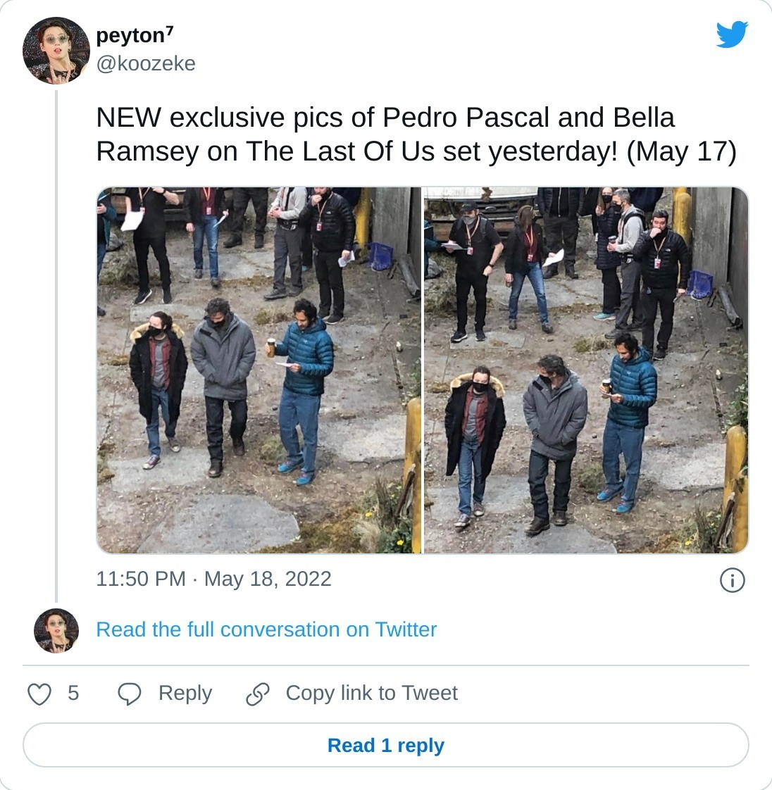 NEW exclusive pics of Pedro Pascal and Bella Ramsey on The Last Of Us set yesterday! (May 17) pic.twitter.com/v3k5xyaMPt — peyton⁷ (@koozeke) May 18, 2022