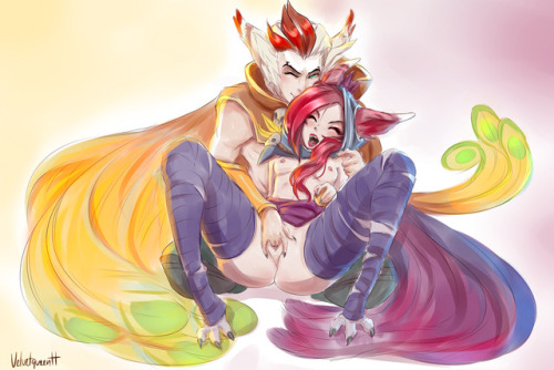 Porn Pics velvetqueenh: LOL - XayahXRakan colored sketch