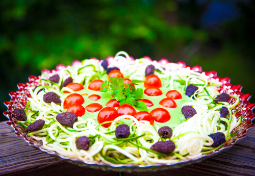 Olenko’s Raw Vegan Pasta with Pesto and Garden Tomatoes  I have beautiful baby tomatoes growing on m