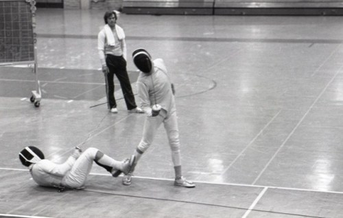 [ID: three photos of foilist in a bout. The fencer on the right is faliing over and rolling onto his