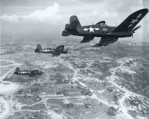 flying-fortress:Corsairs over Okinawa, June 1945.