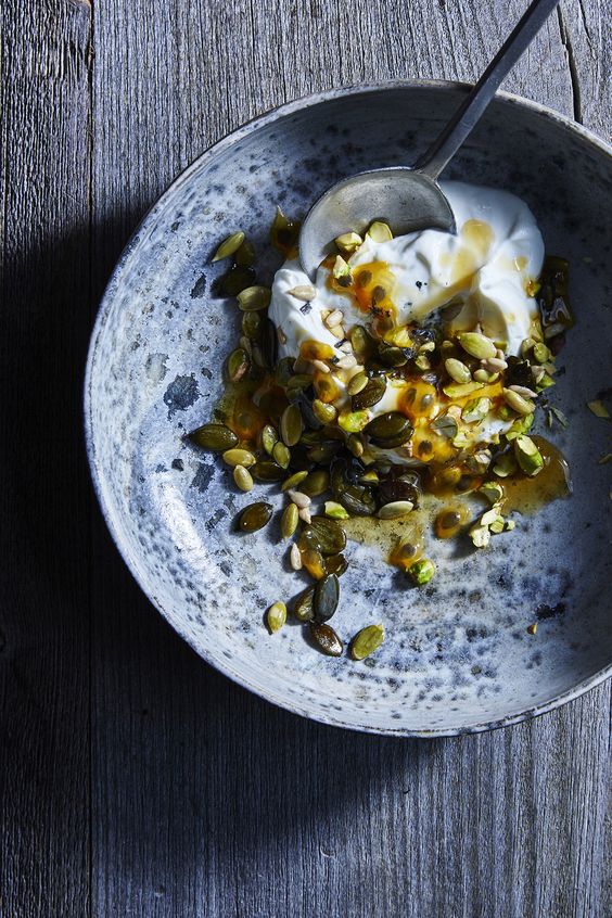 deliciousanddivine:  intensefoodcravings:Yogurt with Seeds. Passion Fruit. Pistachios.