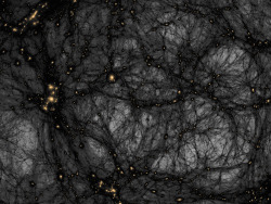  Distribution of dark matter in the universe, as simulated with a novel, high-resolution algorithm at the Kavli Institute of Particle Astrophysics &amp; Cosmology (KIPAC) at Stanford University and SLAC National Accelerator Laboratory. (Via Space.com)