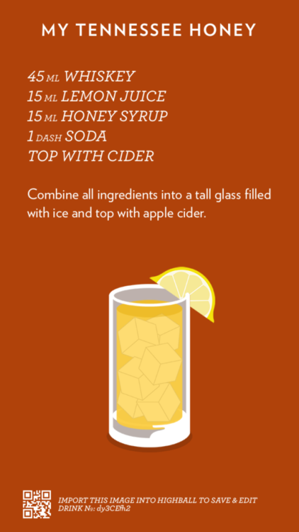 My Tennessee Honey, discover more cocktails at http://highballdrinkcards.tumblr.com 