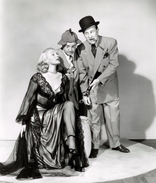 grapnel:  Adele Jergens gets investigated by Abbott & Costello in a promotional still for Abbott & Costello Meet The Invisible Man, ca. 1951. 