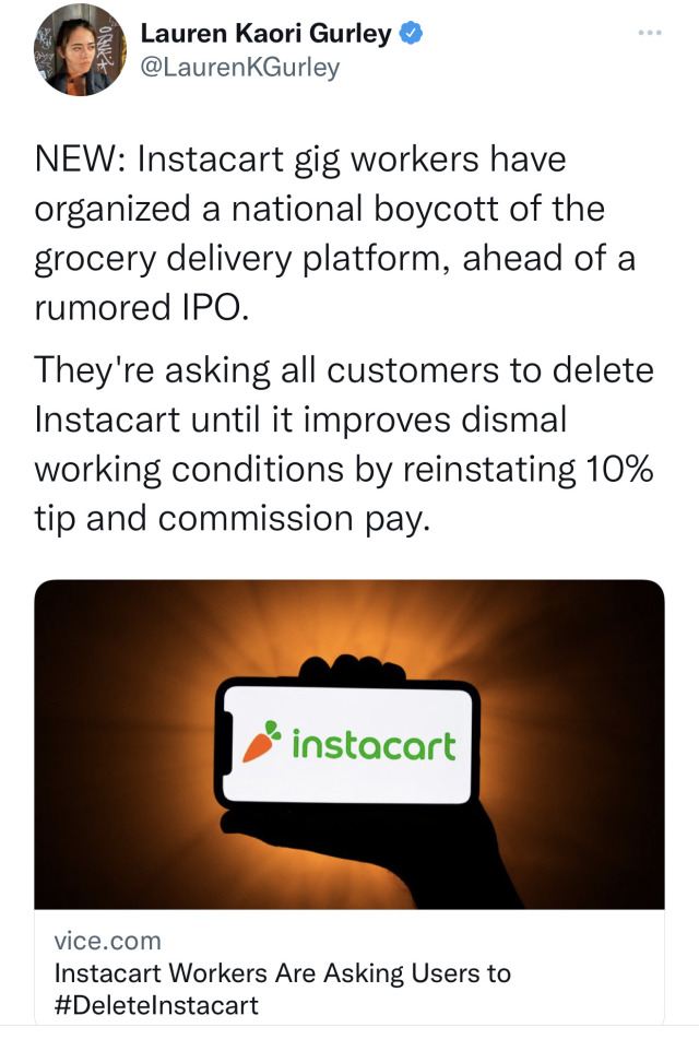 kittensforbrowncoats:tk-n-la:September 21, 2021Here is their open letter:https://gigworkerscollective.medium.com/deleteinstacart-b1e138ed88f3#DeleteInstacart