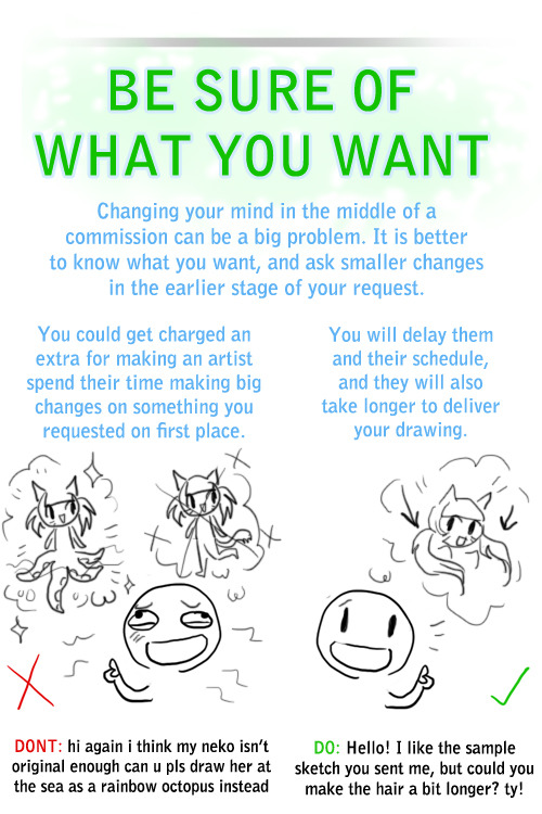 shadyfolk:  amaipetisu:  A few tips everybody should consider. I’ve experienced all those and some more. I’m not good at english but I hope you get it. Go and support some artists out there and let them draw you nice shit. Not as nice as FairyNekoDesu