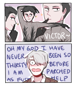 randomsplashes:  randomsplashes: yoiweek2017 day 7: s2 headcanon that yuuri amps up his eros by skating   in a sheer outfit (with victor being parched af) bonus: it’s too much for victor (yuuri might have overdone it a little)