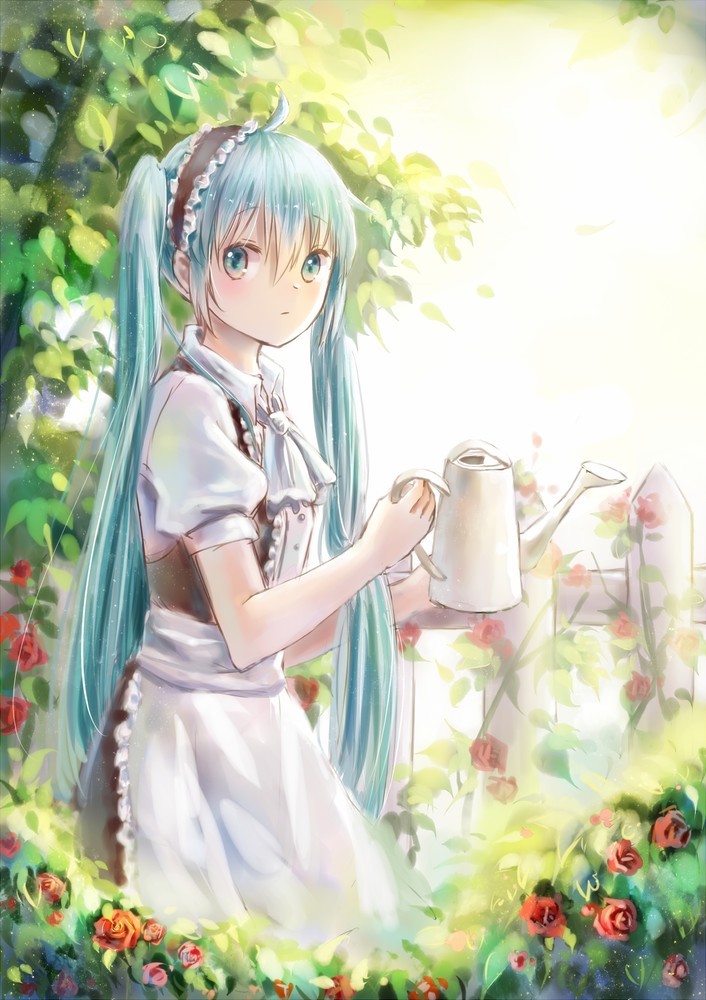 VOCALOID、初音ミク、高解像度、ボー、メイド、じょうろ、エプロン、ロングヘア、ツインテール、barrière、pixiv