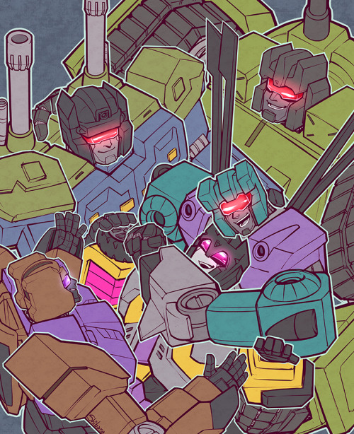 warlordenfilade:  shibara:  Commission for anonnie, portraying the Combaticons having happily found Swindle and smooshing him in a group hug. There’s also a no-mask version, for added smile appreciation. This was a rally nice idea to work on in these