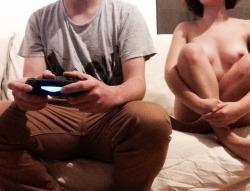 vilaine-ame: Last night was fun. I tried to distract P. while he was playing video games..   K. 