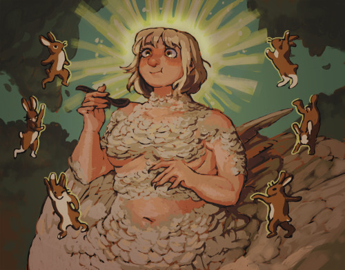 a digital painting of falin in her chimera form, shown at half body so that some of her wings and lower body are visible. she is pictured eating rabbit stew with a surprised and ecstatic expression after the first bite. around her floating in the air are several imagined dancing rabbits striking poses, and a warm light shines from behind her head to express her sudden shift in mood.