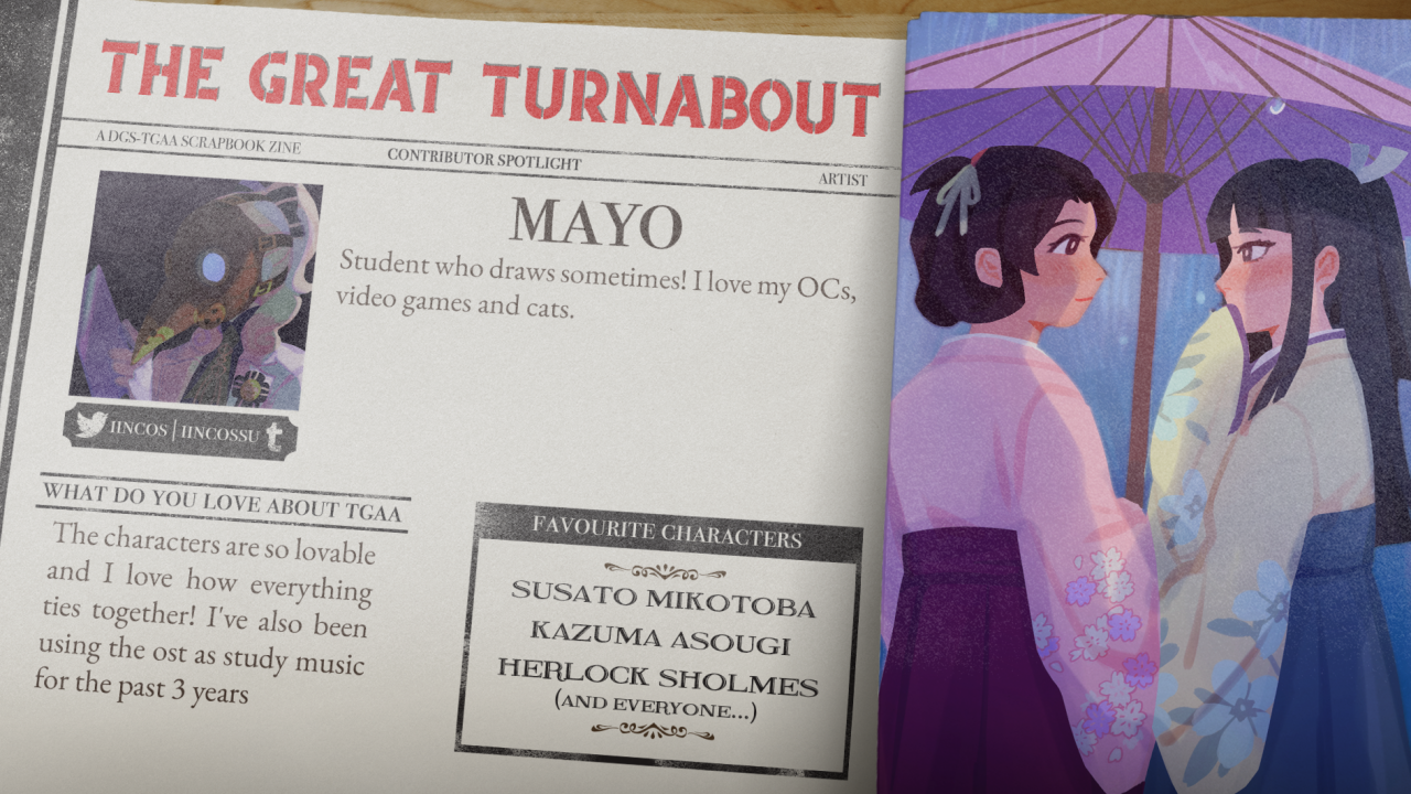 🌸PAGE ARTIST SPOTLIGHT🌸 Please also welcome @iincossu to The Great Turnabout!   Mayo is working on half page and mini illustrations that capture some sweet moments in both of the countries where TGAA takes place. Make sure to also visit her on Twitter and Instagram @/iincos #ace attorney#zine#fanzine #the great ace attorney  #dai gyakuten saiban #dgs#tgaa #ace attorney fanzine #susato mikotoba#kazuma asougi#asougi kazuma#herlock sholmes #sherlock holmes dgs