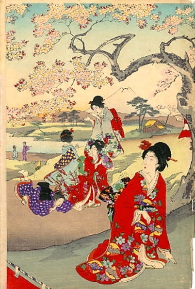 Chikanobu Youshuu 豊原周延 (1838-1912)Ladies in waiting at Chiyoda Palace for cherry blossoms party - Ch