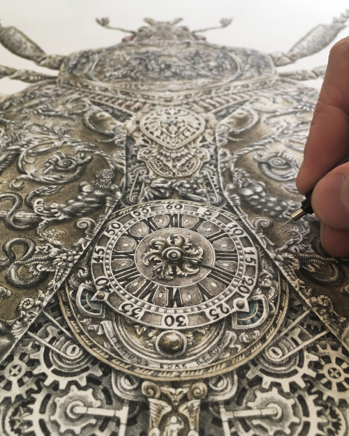 Gears and Dials Rendered in Intricate Drawings of Gem-Encrusted Insects by Steeven Salvat