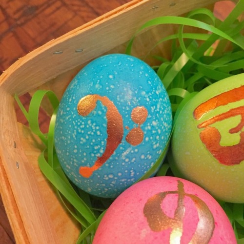 Music Easter eggs with copper leaf. Bass clef. Alto clef. Treble clef.