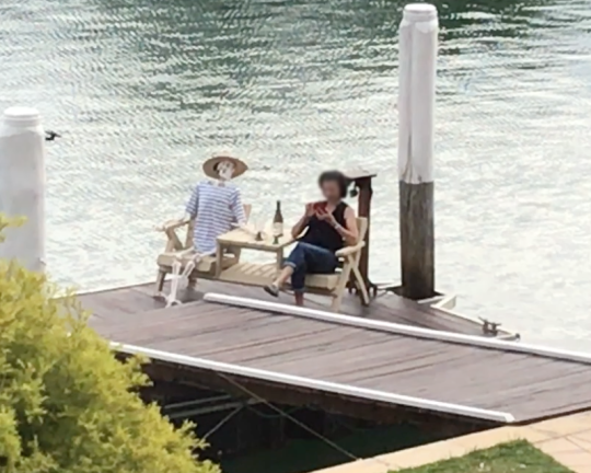 that5pookyone: thisgirllikestoarty:  that5pookyone:  My Mom’s sitting outside our house on our dock. She’s sitting on a deck chair with our house skeleton sitting beside her. She’s set up two glasses of champagne on the little deck chair table.