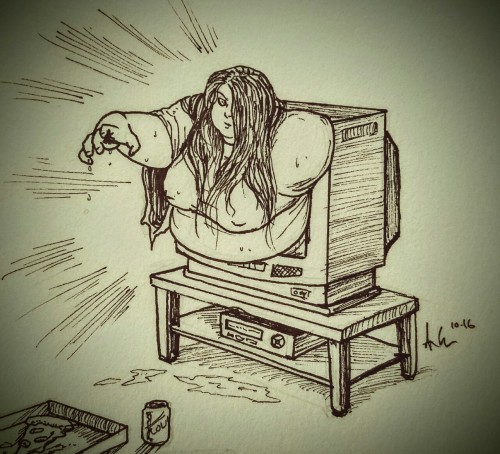 Inktober day 2 Fat ghost girl is gonna squeeze her way outta your TV… and steal your pizza…