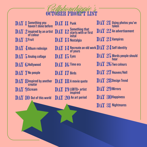 cellphonehippie: Cellphonehippie’s October Prompt List Hi guys! I recently hit 4k and to celeb