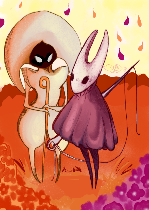 Lesbian Bugs[Id: Drawing of Lace and Hornet from Hollow Knight. They are standing in the middle of f