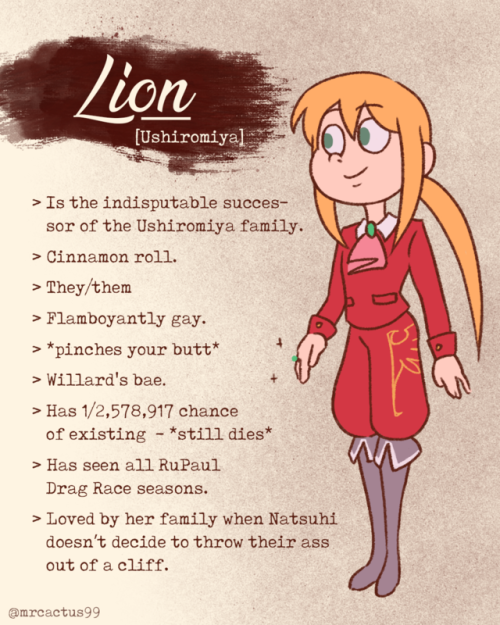 when-ryu07-cry: Willard and Lion!! :P I’m almost done doing these character charts, only Rosa, Natsu