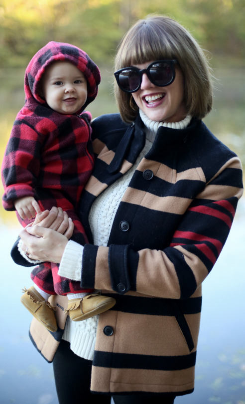 Camping Outfit, Mom and Me Camping, Pendleton Coat, Baby Mocs, Bangs and Bob