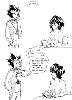 kintatsujo:  shiisiln:  kintatsujo:  Inspired by this.  It’s possible I missed the original point.  ok so i’ve seen this comic roughly a dozen times by now and and I just NOW realized that this is Yami talking to Mama Motou, and NOT Yukai talking