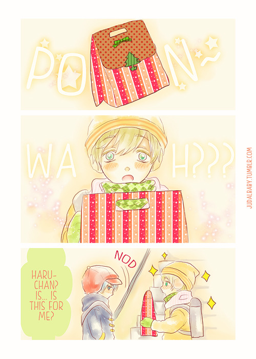 judalbaby:  This is from a prompt Vicki wrote… maybe 2 or 3 months ago and well I guess Christmas is a good chance to stop being lazy and draw it (*´▽｀*). Merry Christmas everyone (*´▽｀*)!!! /being late for everything again (*´▽｀*)/