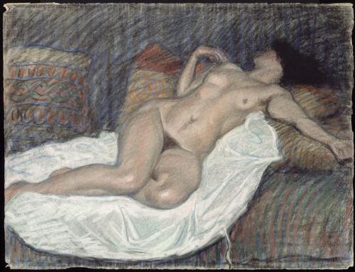 justineportraits: Théophile Steinlen      Femme nue étendue sur des coussins “Naked Woman Lyin