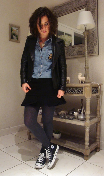 clemeden:  Perfecto The Kooples - Chemise Sarah Wayne - Jupe Maje - Collant M+F Girbaud - Converse