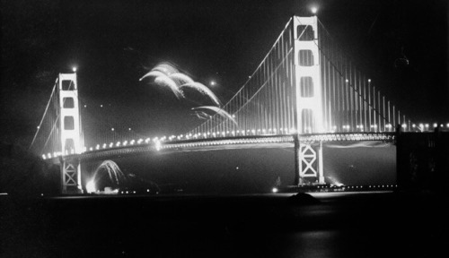 Night view of fireworks over Golden Gate Bridge, San Francisco, May 27, 1937.(San Francisco Public