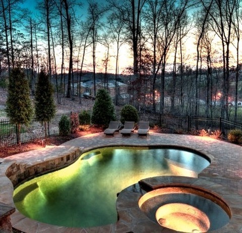 Pool In AtlantaHot Tub - Large Tropical Backyard Custom-shaped Natural Hot Tub Idea With Decking