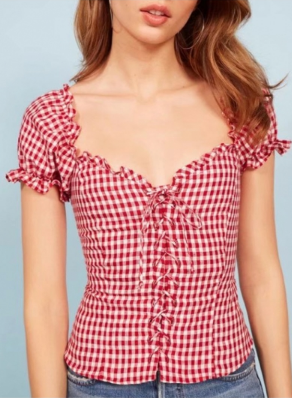 nicesummer1989:  Gorgeous Women Shirts&amp;BlousesLace-Up Plaid Blouse || Polka