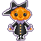 Pixel art pumpkin character in a black coat and hat with a white outline