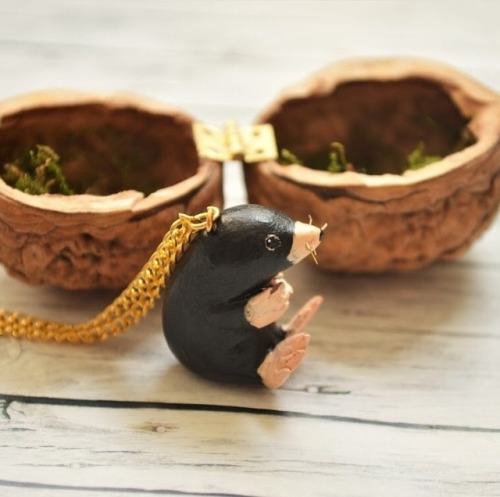 sosuperawesome:Animal Necklaces in Walnut Shell Boxes / Acorn and Animal LocketsClay Comet Creations