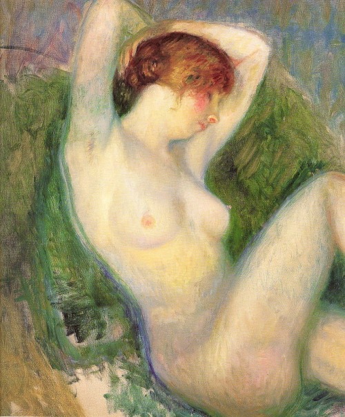 artbeautypaintings:  Nude in green chair - William J. Glackens