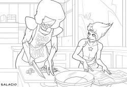 salacio:For the Trade prompt Pearl and Garnet swap domestic duties. I like the idea of Garnet reading off the recipe for Pearl while she cooks, so she returns the favor today.