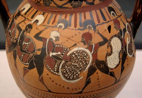 Two hoplite phalanxes clash.  Side A of an Attic black-figure Tyrrhenic amphora, attributed to 
