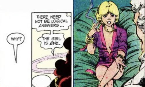 Panel one: an image of speech bubbles between two characters. First speech bubble: why? Second speech bubble: There need not be logical answers…the girl is evil.
Panel two: An image of Tara sitting in a bean bag, dressed in a small silk robe. She is smoking, wearing gold jewelry and makeup, and talking to an older man.