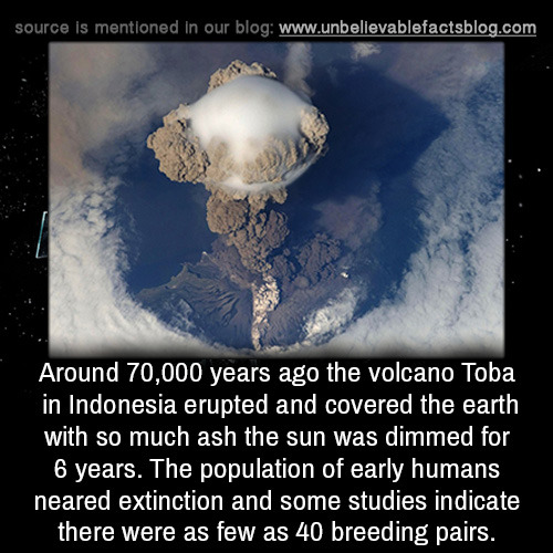 unbelievable-facts:  Around 70,000 years ago the volcano Toba in Indonesia erupted
