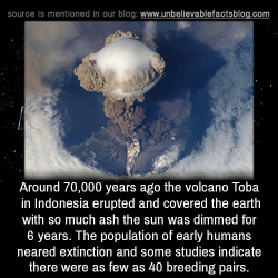 unbelievable-facts:  Around 70,000 years ago the volcano Toba in Indonesia erupted and covered the earth with so much ash the sun was dimmed for 6 years. The population of early humans neared extinction and some studies indicate there were as few as 40
