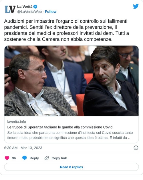 Audizioni per imbastire l’organo di controllo sui fallimenti pandemici. Sentiti l’ex direttore della prevenzione, il presidente dei medici e professori invitati dai dem. Tutti a sostenere che la Camera non abbia competenze. https://t.co/kgoKvh0uyB  — La Verità (@LaVeritaWeb) March 13, 2023