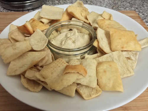 Hummus with Pitta Chips Ingredients: 5 pitta breads Olive oil 400g Chickpeas 2 garlic cloves 1 lemon